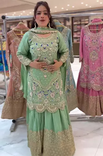 GREEN PISTA NATURAL CREP Embroidery Work PARTY WEAR SUIT SET 