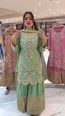 GREEN PISTA NATURAL CREP Embroidery Work PARTY WEAR SUIT SET  5