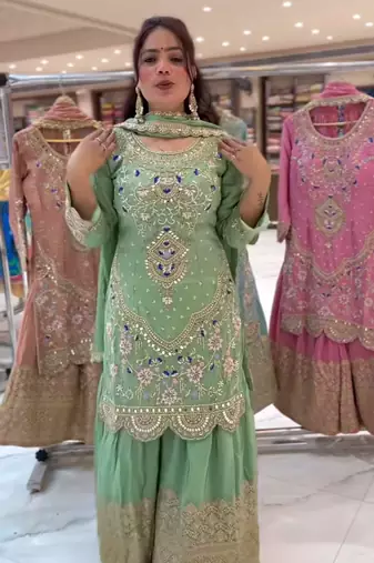 GREEN PISTA NATURAL CREP Embroidery Work PARTY WEAR SUIT SET 