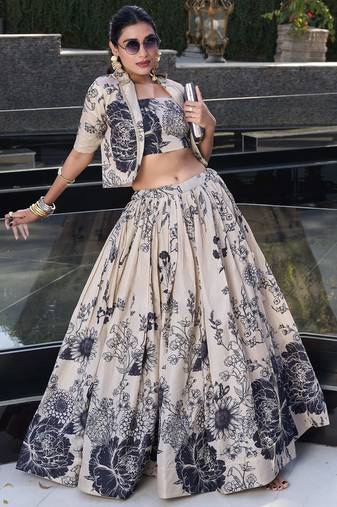 Cream Floral Printed Tussar Silk Event Wear Crop Top Lehenga With Jacket