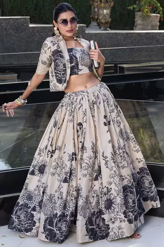 Cream Floral Printed Tussar Silk Event Wear Crop Top Lehenga With Jacket