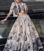Cream Floral Printed Tussar Silk Event Wear Crop Top Lehenga With Jacket