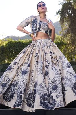 cream floral printed tussar silk event crop top lehenga with jacket 2
