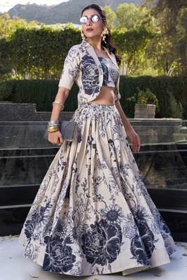 cream floral printed tussar silk event crop top lehenga with jacket 3