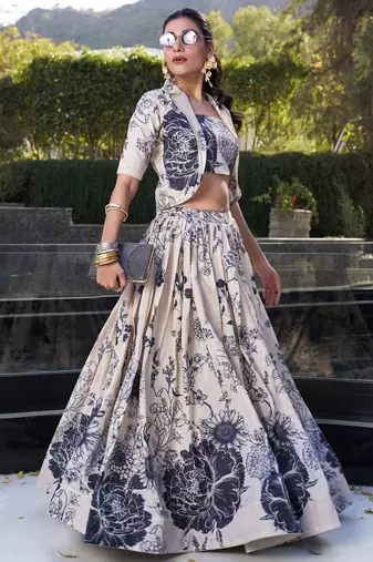 cream floral printed tussar silk event crop top lehenga with jacket