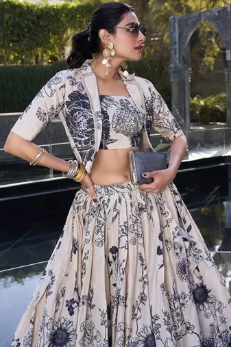 cream floral printed tussar silk event crop top lehenga with jacket