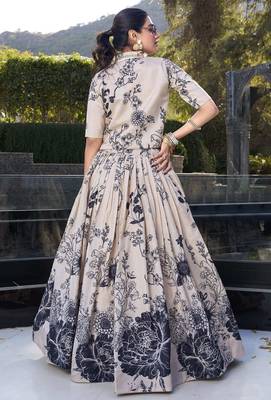 cream floral printed tussar silk event crop top lehenga with jacket 5