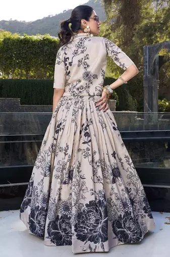 cream floral printed tussar silk event crop top lehenga with jacket