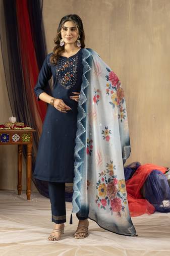 Blue Designer Straight Kurti Pant Dupatta Set With Embroidery And Hand Work