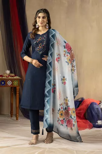 Blue Designer Straight Kurti Pant Dupatta Set With Embroidery And Hand Work