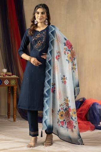 Blue Designer Straight Kurti Pant Dupatta Set With Embroidery And Hand Work