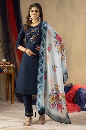 Blue Designer Straight Kurti Pant Dupatta Set With Embroidery And Hand Work