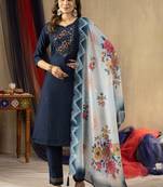Blue Designer Straight Kurti Pant Dupatta Set With Embroidery And Hand Work