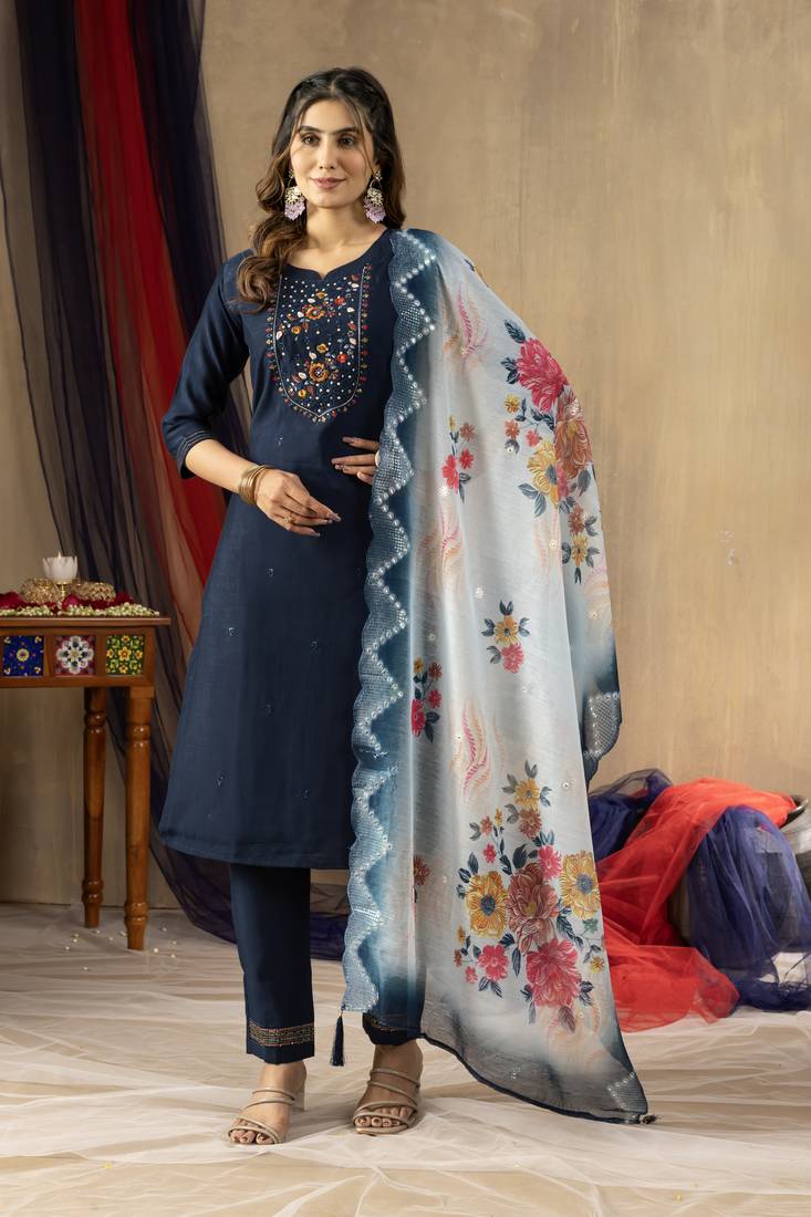 Blue Designer Straight Kurti Pant Dupatta Set With Embroidery And Hand Work