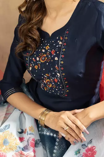 Blue Designer Straight Kurti Pant Dupatta Set With Embroidery And Hand Work