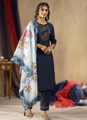 Blue Designer Straight Kurti Pant Dupatta Set With Embroidery And Hand Work 4