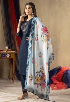 Blue Designer Straight Kurti Pant Dupatta Set With Embroidery And Hand Work 6