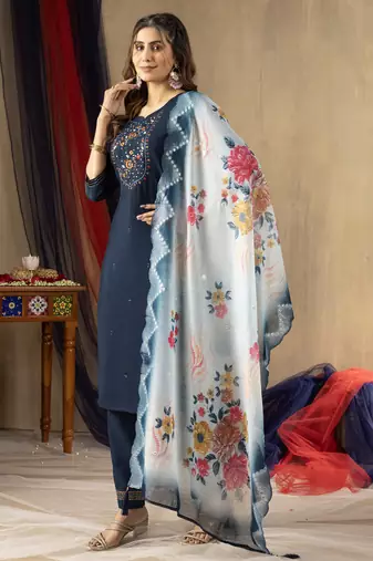 Blue Designer Straight Kurti Pant Dupatta Set With Embroidery And Hand Work