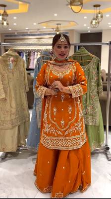 ORANGE CRAPE EMBROIDERY WORK FULL STICHED BLOUSE SAREE 1