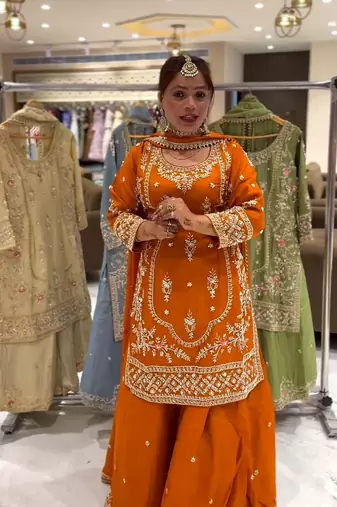 ORANGE CRAPE EMBROIDERY WORK FULL STICHED BLOUSE SAREE