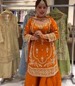 ORANGE CRAPE EMBROIDERY WORK FULL STICHED BLOUSE SAREE