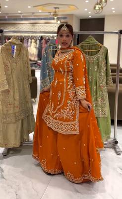 ORANGE CRAPE EMBROIDERY WORK FULL STICHED BLOUSE SAREE 2