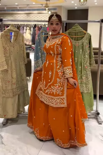 ORANGE CRAPE EMBROIDERY WORK FULL STICHED BLOUSE SAREE