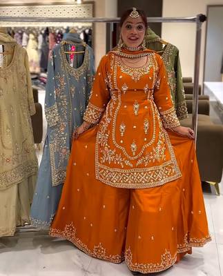 ORANGE CRAPE EMBROIDERY WORK FULL STICHED BLOUSE SAREE 3