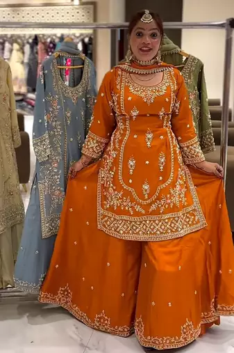 ORANGE CRAPE EMBROIDERY WORK FULL STICHED BLOUSE SAREE