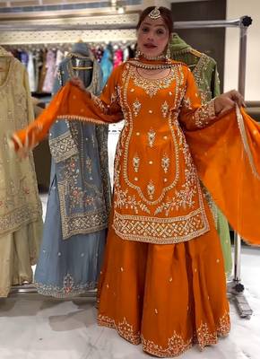 ORANGE CRAPE EMBROIDERY WORK FULL STICHED BLOUSE SAREE 4