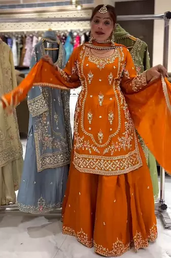 ORANGE CRAPE EMBROIDERY WORK FULL STICHED BLOUSE SAREE