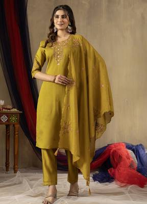 Musterd Designer Straight Kurti Pant Dupatta Set With Embroidery And Hand Work 1