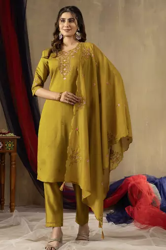 Musterd Designer Straight Kurti Pant Dupatta Set With Embroidery And Hand Work