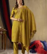 Musterd Designer Straight Kurti Pant Dupatta Set With Embroidery And Hand Work