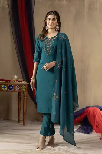 Rama Designer Straight Kurti Pant Dupatta Set With Embroidery And Hand Work