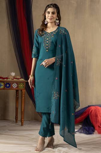 Rama Designer Straight Kurti Pant Dupatta Set With Embroidery And Hand Work