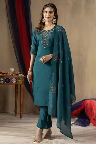 Rama Designer Straight Kurti Pant Dupatta Set With Embroidery And Hand Work