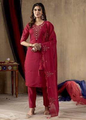 	Pink Designer Straight Kurti Pant Dupatta Set With Embroidery And Hand Work 1