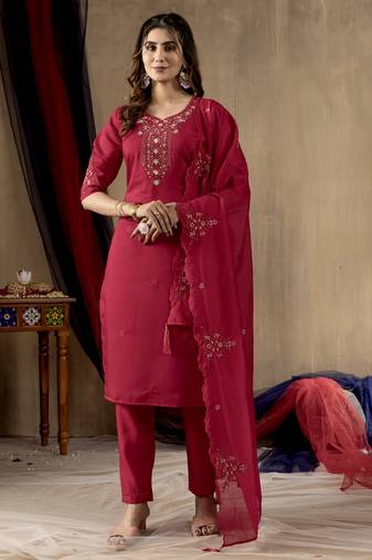 	Pink Designer Straight Kurti Pant Dupatta Set With Embroidery And Hand Work