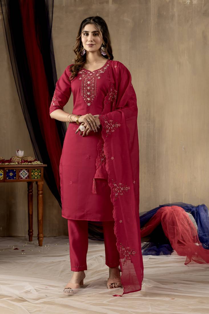 	Pink Designer Straight Kurti Pant Dupatta Set With Embroidery And Hand Work