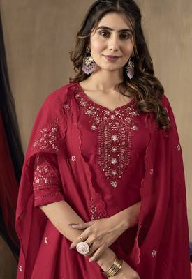 	Pink Designer Straight Kurti Pant Dupatta Set With Embroidery And Hand Work 3