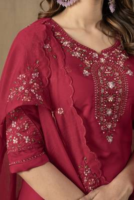 	Pink Designer Straight Kurti Pant Dupatta Set With Embroidery And Hand Work 4