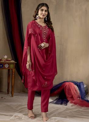 	Pink Designer Straight Kurti Pant Dupatta Set With Embroidery And Hand Work 5