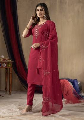 	Pink Designer Straight Kurti Pant Dupatta Set With Embroidery And Hand Work 6
