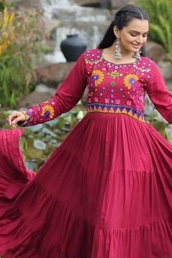 Maron colour rayon silk gamthi work long navratry gown