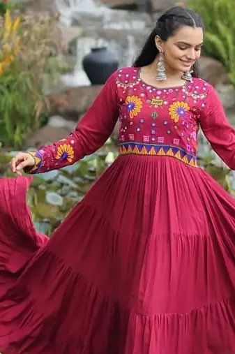 Maron colour rayon silk gamthi work long navratry gown