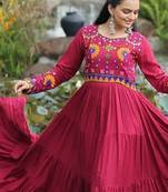 Maron colour rayon silk gamthi work long navratry gown-Full Stitched Free Size