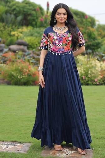 Blue colour rayon silk gamthi work long navratry gown