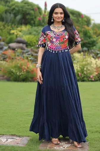 Blue colour rayon silk gamthi work long navratry gown