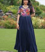 Blue colour rayon silk gamthi work long navratry gown-Full Stitched Free Size